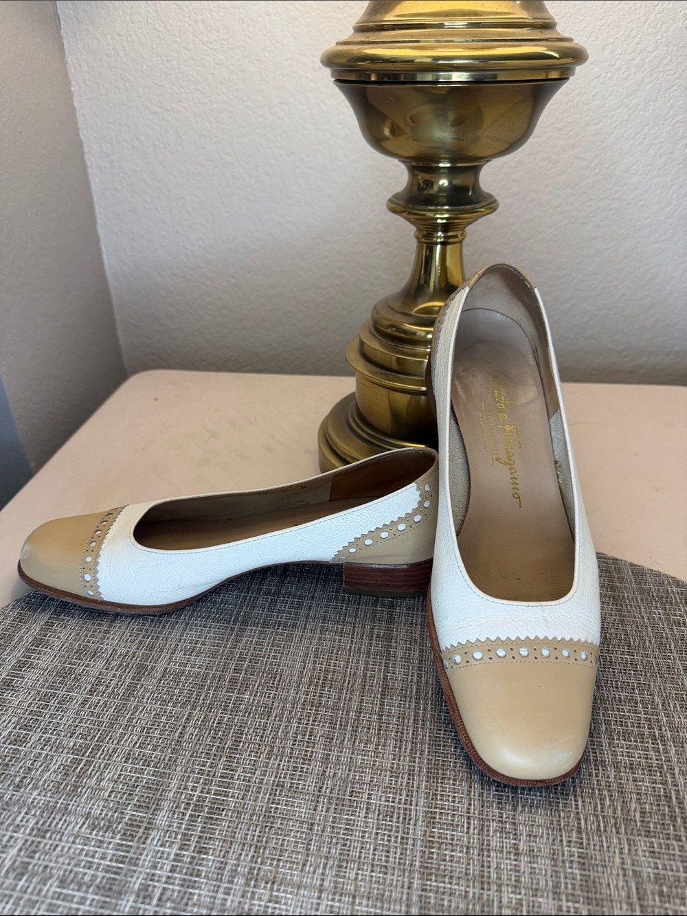 Salvatore Ferragamo White and Tan Leather Flats